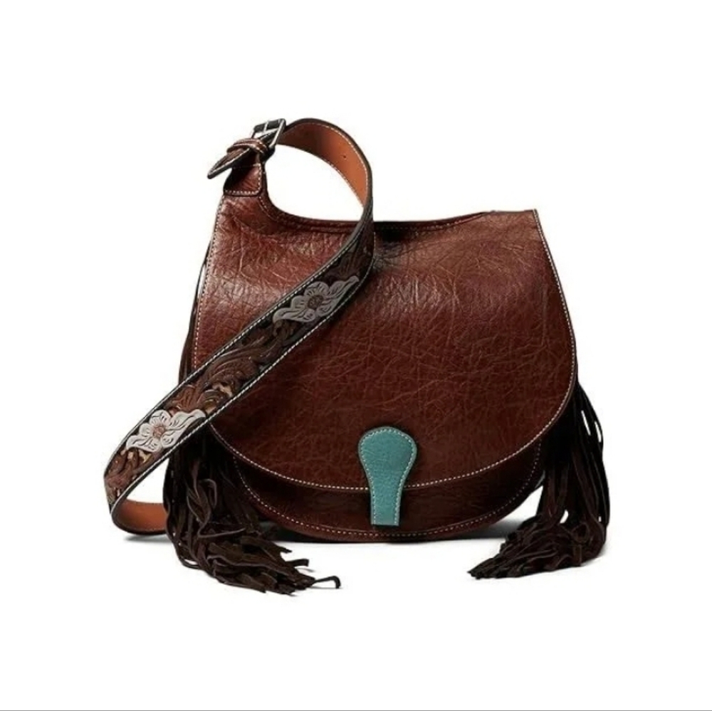 Brown Leather Bag with Fringe and Embellished Strap. Concealed carry messenger